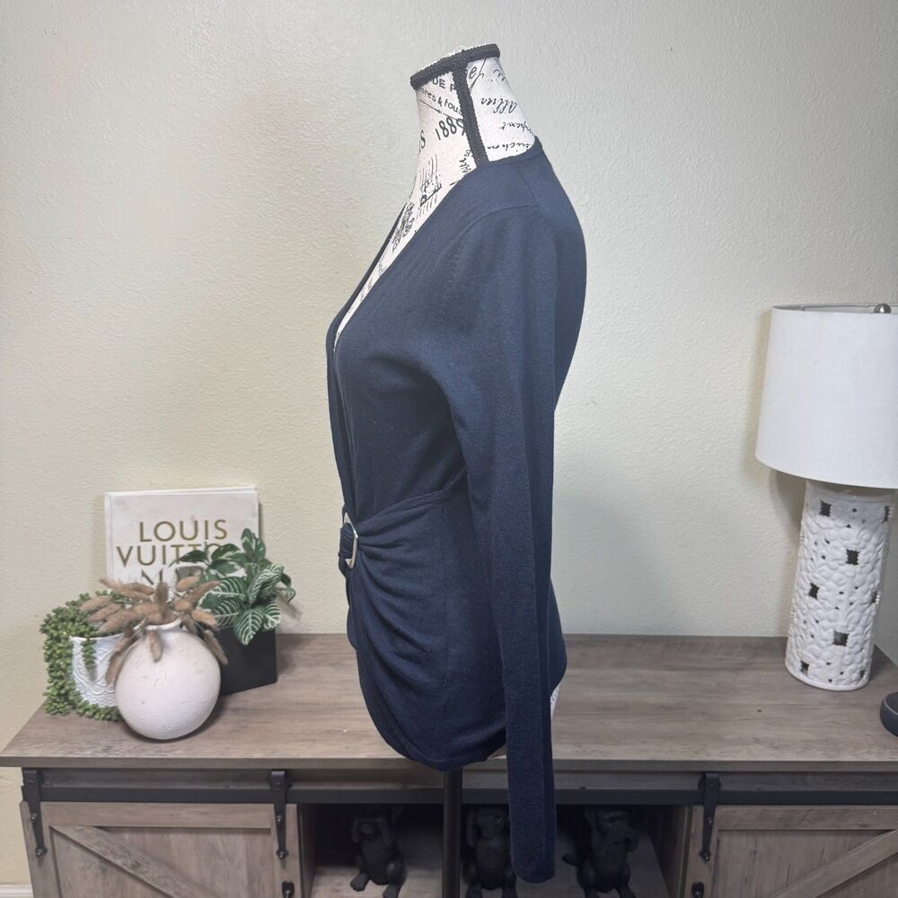 Banana Republic Y2K Navy Blue Faux Wrap Light Sweater Wool/Silk Blend Sz XS - Picture 3 of 8